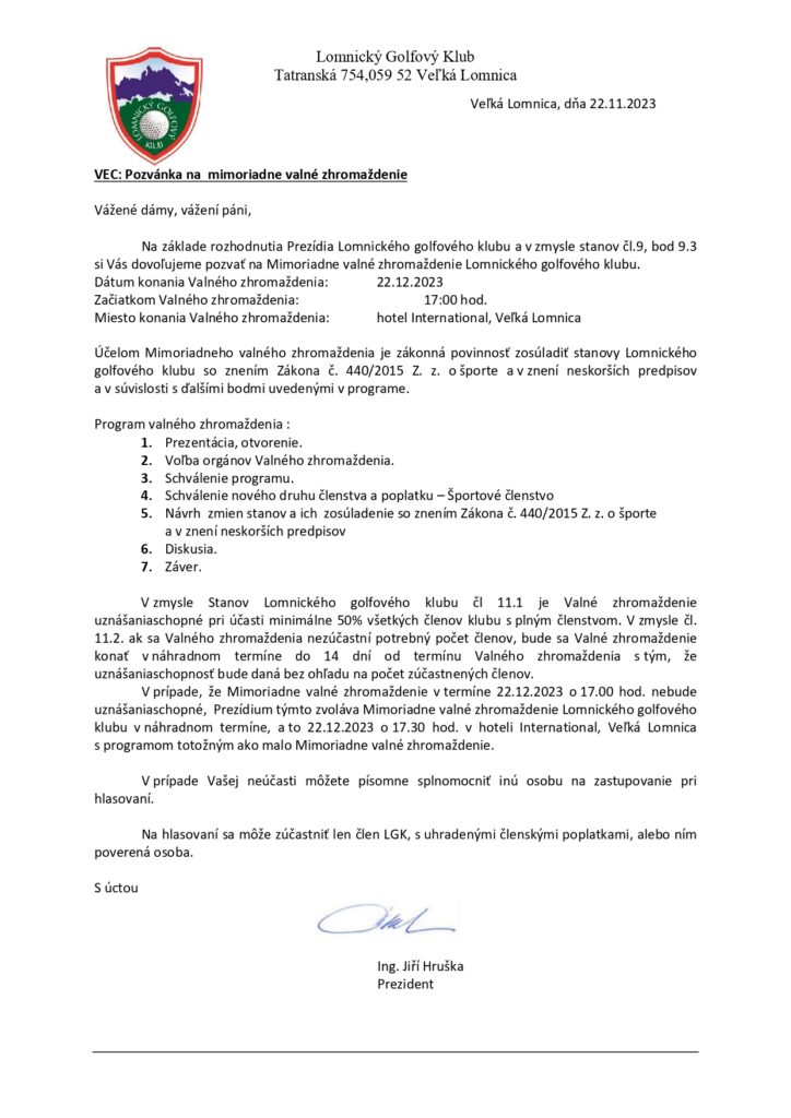 Pozvánka na Mimoriadne valné zhromaždenie LGK page 0001